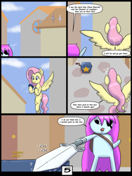 Size: 6000x8000 | Tagged: safe, alternate version, artist:chedx, fluttershy, pegasus, pony, comic:learning with pibby glitch battles, g4, comic, commission, community related, crossover, fanfic, fanfic art, multiverse, pibby, sword, weapon