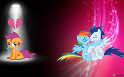 Size: 736x460 | Tagged: safe, artist:horseboy223, rainbow dash, scootaloo, soarin', pegasus, pony, g4, blank flank, blue coat, blue mane, boyfriend and girlfriend, crying, eyelashes, eyes closed, female, filly, floppy ears, foal, frown, gradient background, heart, hug, jealous, kissing, light, male, missing cutie mark, multicolored hair, no eyelashes, orange coat, pink background, pink heart, purple eyes, purple mane, rainbow hair, sad, sadness, ship:soarindash, shipping, simple background, sitting, small wings, spotlight, spread wings, straight, teardrop, teary eyes, water droplet, white coat, wings