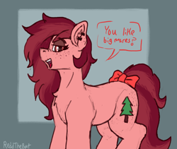 Size: 1648x1390 | Tagged: safe, artist:reddthebat, oc, oc only, oc:red woods, earth pony, pony, big mare, bow, chest freckles, dialogue, eyes open, female, freckles, lidded eyes, mare, open mouth, open smile, red eyes, smiling, solo, tail, tail bow, talking to viewer