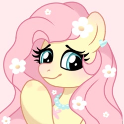 Size: 1080x1080 | Tagged: safe, artist:cstrawberrymilk, fluttershy, pegasus, pony, g4, blushing, bust, cute, eyebrows, female, flower, flower in hair, looking at you, mare, pink background, raised hoof, shyabetes, simple background, smiling, smiling at you, solo