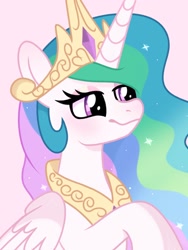 Size: 1080x1440 | Tagged: safe, artist:cstrawberrymilk, princess celestia, alicorn, pony, g4, crown, cute, cutelestia, ethereal mane, female, horn, jewelry, mare, peytral, pink background, regalia, simple background, smiling, solo, wings