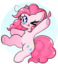 Size: 2332x2560 | Tagged: safe, artist:arwencuack, pinkie pie, earth pony, pony, g4, :p, chest fluff, chibi, female, heart, heart eyes, high res, one eye closed, solo, tongue out, underhoof, wingding eyes, wink