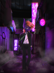 Size: 2816x3792 | Tagged: safe, oc, oc only, oc:atlas blaze, pegasus, anthro, city, clothes, costume, cyberpunk, green eyes, green tie, gun, high res, killer, long ears, looking at you, male, muffler, necktie, neon, night, scar, solo, watch, weapon