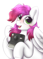 Size: 2056x2832 | Tagged: safe, artist:mariashek, oc, oc only, oc:ellie berryheart, pegasus, pony, g4, camera, female, green eyes, happy, high res, instant camera, solo, wings