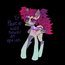 Size: 1134x1134 | Tagged: safe, artist:cutesykill, oc, oc only, pegasus, pony, black background, blood, ear piercing, earring, female, folded wings, gradient legs, jewelry, knife, lidded eyes, looking at you, magenta eyes, mare, mouth hold, peace was never an option, piercing, pigtails, pink blood, simple background, skull, solo, text, wings