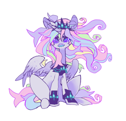 Size: 1138x1098 | Tagged: safe, artist:cutesykill, oc, oc only, oc:sugarcut, alicorn, pony, alicorn oc, beanbrows, blue teeth, body freckles, bracer, closed mouth, colored teeth, crown, cyan teeth, eyebrows, female, freckles, horn, horn jewelry, jewelry, lidded eyes, mare, multicolored hair, overbite, partially open wings, peytral, rainbow hair, regalia, sharp teeth, simple background, sitting, solo, teeth, white background, wing freckles, wings