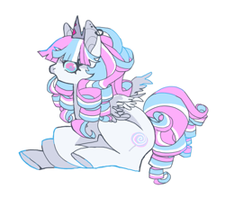 Size: 851x782 | Tagged: safe, artist:cutesykill, oc, oc only, oc:princess marshmallow, alicorn, pony, alicorn oc, beanbrows, blue sclera, crown, ear piercing, earring, eyebrows, female, horn, jewelry, mare, open mouth, piercing, pink eyes, regalia, ringlets, simple background, sitting, small horn, small wings, solo, tiara, white background, wings