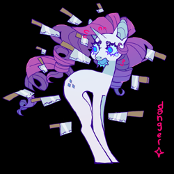 Size: 1021x1021 | Tagged: safe, artist:cutesykill, rarity, pony, unicorn, g4, beanbrows, black background, blue sclera, cleaver, colored teeth, eyebrows, female, knife, mare, open mouth, scared, sharp teeth, simple background, solo, sweat, sweatdrop, sweatdrops, teary eyes, teeth, text, this will end in death, turned head