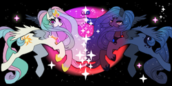 Size: 1701x850 | Tagged: safe, artist:cutesykill, princess celestia, princess luna, pegasus, pony, g4, alternate eye color, beanbrows, black background, closed mouth, duo, ethereal hair, ethereal mane, ethereal tail, eyebrows, female, flying, frown, hoof shoes, jewelry, lidded eyes, looking at you, mare, missing accessory, missing horn, pegasus celestia, pegasus luna, peytral, princess shoes, race swap, regalia, siblings, simple background, sisters, sparkles, sparkly mane, sparkly tail, stars, tail, tiara