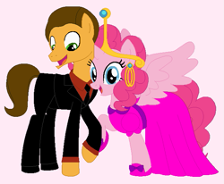 Size: 649x534 | Tagged: safe, artist:nathaniel718, cheese sandwich, pinkie pie, alicorn, earth pony, pony, g4, adventure time, alicornified, business suit, cartoon network, clothes, cosplay, costume, crossover, crown, dress, ear piercing, earring, female, happy, husband and wife, jewelry, male, nergal, nergal and princess bubblegum, piercing, pink background, pinkiecorn, princess bubblegum, race swap, regalia, ship:cheesepie, shipping, simple background, straight, the grim adventures of billy and mandy, xk-class end-of-the-world scenario