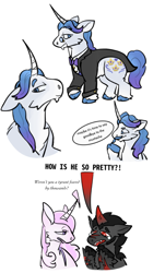 Size: 904x1500 | Tagged: safe, artist:k4iy0te, fancypants, king sombra, pony, unicorn, g4, bowtie, clothes, cloven hooves, colored horn, curved horn, dialogue, female, gay, glasses, horn, male, mare, monocle, scar, ship:fancybra, shipping, simple background, sombra horn, stallion, suit, teary eyes, unshorn fetlocks, white background