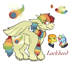 Size: 1656x1468 | Tagged: safe, artist:k4iy0te, rainbow dash, spitfire, oc, oc:lockheed, pegasus, pony, g4, cheek fluff, chest fluff, clothes, cloven hooves, colored wings, ear fluff, ear piercing, earring, ears back, female, gradient legs, gradient wings, jewelry, lesbian, magical lesbian spawn, male, mare, necktie, next generation, offspring, pale belly, parent:rainbow dash, parent:spitfire, parents:spitdash, partially open wings, piercing, reference sheet, scarf, ship:spitdash, shipping, simple background, stallion, striped scarf, uniform, unshorn fetlocks, white background, wings