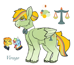 Size: 1777x1548 | Tagged: safe, artist:k4iy0te, rainbow dash, spitfire, oc, oc:virago, pegasus, pony, g4, belly fluff, bowtie, cheek fluff, chest fluff, clothes, colored hooves, colored wings, colored wingtips, ear piercing, earring, female, folded wings, gradient ears, gradient legs, hair bun, jewelry, lesbian, lidded eyes, magical lesbian spawn, mare, necktie, next generation, offspring, parent:rainbow dash, parent:spitfire, parents:spitdash, piercing, reference sheet, ship:spitdash, shipping, simple background, tongue out, unamused, uniform, unshorn fetlocks, white background, wing fluff, wings