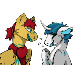 Size: 1750x1548 | Tagged: safe, artist:k4iy0te, flash magnus, stygian, pegasus, pony, unicorn, g4, alternate design, chest fluff, clothes, curved horn, duo, gay, horn, male, scarf, simple background, stallion, transparent background