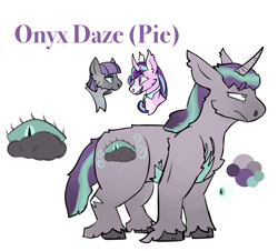 Size: 1696x1535 | Tagged: safe, artist:k4iy0te, maud pie, starlight glimmer, oc, oc:onyx daze, earth pony, pony, unicorn, g4, chest fluff, cloven hooves, curved horn, female, horn, lesbian, magical lesbian spawn, male, mare, next generation, offspring, parent:maud pie, parent:starlight glimmer, parents:starmaud, reference sheet, scar, shipping, simple background, stallion, starmaud, unshorn fetlocks, white background