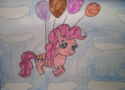 Size: 4160x2998 | Tagged: safe, artist:mariana17867, pinkie pie, g4, balloon, cloud, floating, flying, sky, solo, then watch her balloons lift her up to the sky, traditional art