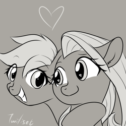 Size: 1080x1080 | Tagged: safe, artist:twiliset, fluttershy, rainbow dash, pegasus, pony, g4, bust, cute, duo, female, gray background, grin, heart, heart eyes, hug, lesbian, limited palette, looking at each other, looking at someone, mare, ship:flutterdash, shipping, simple background, smiling, three quarter view, wingding eyes