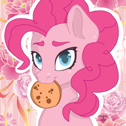 Size: 1280x1280 | Tagged: safe, artist:krotir56, artist:vetta, derpibooru exclusive, pinkie pie, earth pony, pony, g4, cute, diapinkes, female, flower, food, mare, mouth hold, pancakes, solo