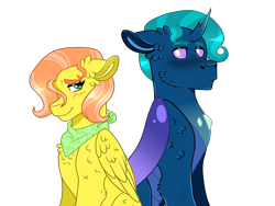 Size: 1600x1200 | Tagged: safe, artist:artistcoolpony, oc, oc only, oc:rose luck, oc:starry skies, changepony, hybrid, pegasus, pony, blushing, female, floppy ears, hair over one eye, interspecies offspring, looking at each other, looking at someone, looking back, male, mare, oc x oc, offspring, parent:braeburn, parent:fluttershy, parent:pharynx, parent:trixie, parents:braeshy, parents:phartrix, shipping, simple background, stallion, straight, transparent background