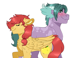 Size: 1600x1200 | Tagged: safe, artist:artistcoolpony, oc, oc only, oc:ginger gold, oc:tanzanite, dracony, hybrid, pegasus, pony, blushing, chest fluff, duo, duo male and female, female, interspecies offspring, male, mare, oc x oc, offspring, offspring shipping, parent:applejack, parent:rarity, parent:soarin', parent:spike, parents:soarinjack, parents:sparity, shipping, simple background, smiling, stallion, straight, transparent background