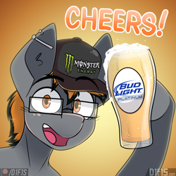 Size: 2160x2160 | Tagged: safe, artist:difis, oc, oc:lightning blaze, pegasus, pony, alcohol, auction, auction open, beer, bud light, bud light platinum, cap, commission, drink, ear piercing, energy drink, glasses, happy, hat, high res, monster energy, piercing, solo, ych result