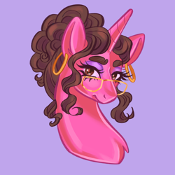 Size: 2048x2048 | Tagged: safe, artist:ashley-the-muffin, oc, oc only, oc:sugar song, pony, unicorn, bust, ear piercing, earring, female, glasses, high res, jewelry, mare, piercing, purple background, simple background, solo