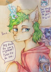 Size: 2313x3244 | Tagged: safe, artist:hysteriana, oc, oc only, oc:markov, oc:spacelight, pony, unicorn, blue eyes, chibi, clothes, coffee, coffee cup, cup, dialogue, do it for her, ear fluff, exploitable meme, gift art, green mane, hat, high res, hoodie, levitation, magic, male, meme, poster, programming, smiling, stallion, stockings, telekinesis, thigh highs, traditional art, working