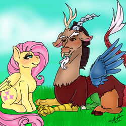 Size: 512x512 | Tagged: safe, artist:ashley-the-muffin, discord, fluttershy, draconequus, pegasus, pony, g4, duo, female, male, mare, ship:discoshy, shipping, straight