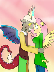 Size: 768x1024 | Tagged: safe, artist:ashley-the-muffin, discord, fluttershy, draconequus, pegasus, anthro, g4, breasts, duo, facial hair, female, goatee, male, ship:discoshy, shipping, straight