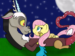 Size: 2048x1536 | Tagged: safe, artist:ashley-the-muffin, discord, fluttershy, draconequus, pegasus, pony, g4, blushing, female, looking at each other, looking at someone, lying down, male, moon, night, prone, ship:discoshy, shipping, stars, straight