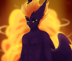 Size: 2536x2160 | Tagged: safe, artist:elektra-gertly, oc, oc only, oc:atlas blaze, pegasus, anthro, explosion, fire, green eyes, high res, long ears, male, muscles, serious, solo, wings