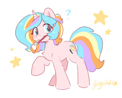 Size: 1280x1024 | Tagged: safe, artist:oofycolorful, oc, oc only, oc:oofy colorful, pony, unicorn, female, mare, paintbrush, question mark, raised hoof, simple background, solo, stars, white background