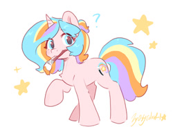 Size: 1280x1024 | Tagged: safe, artist:oofycolorful, oc, oc only, oc:oofy colorful, pony, unicorn, eye clipping through hair, female, mare, paintbrush, question mark, raised hoof, simple background, solo, stars, white background