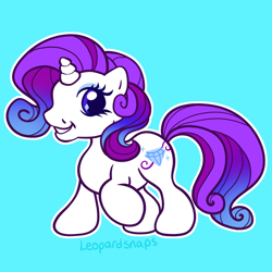 Size: 1200x1200 | Tagged: safe, artist:leopardsnaps, rarity, pony, unicorn, g3, g3.5, g4, blue background, cyan background, g4 to g3.5, generation leap, multicolored hair, raised hoof, redesign, simple background, smiling, solo