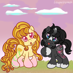 Size: 3000x3000 | Tagged: safe, artist:leopardsnaps, oc, oc only, oc:crystal nightshine, oc:golden rose, earth pony, pony, unicorn, g3, g3.5, cloud, curious, curly hair, duo, gradient horn, gradient legs, grass, heart, heart eyes, high res, hoof on chest, horn, looking at you, outdoors, short tail, sky, smiling, sparkly eyes, tail, unshorn fetlocks, wingding eyes