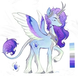 Size: 1086x1051 | Tagged: safe, artist:lutraviolet, oc, oc only, alicorn, hybrid, kirin, pony, colored wings, commission, curved horn, hoof fluff, horn, male, multicolored wings, peytral, reference sheet, slender, solo, stallion, thin, unshorn fetlocks, wings