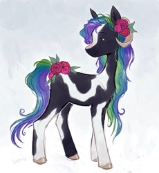 Size: 1020x1111 | Tagged: safe, artist:lutraviolet, oc, oc only, original species, pony, female, flower, flower in hair, goat horns, horns, mare, solo, unshorn fetlocks