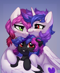 Size: 2892x3546 | Tagged: safe, artist:taneysha, oc, oc only, oc:annie berryheart, oc:ellie berryheart, pegasus, pony, unicorn, g4, baby, baby pony, black eyeshadow, blushing, bowtie, cute, eyeshadow, family, female, gradient background, green eyes, high res, hug, lesbian, long eyelashes, love, makeup, red eyes, smiling, trio, wings