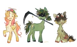 Size: 1379x836 | Tagged: safe, artist:lutraviolet, earth pony, pegasus, pony, unicorn, baghera, chest fluff, etoiles, female, goggles, goggles on head, hat, male, mare, mcyt, minecraft, ponified, propeller hat, qsmp, scythe, simple background, stallion, torn ear, trio, tubbo, unshorn fetlocks, white background, youtuber