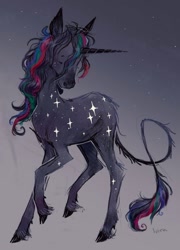 Size: 768x1065 | Tagged: safe, artist:lutraviolet, oc, oc only, classical unicorn, pony, unicorn, cloven hooves, horn, leonine tail, male, solo, stallion, stars, tail, unshorn fetlocks