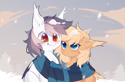 Size: 3876x2523 | Tagged: safe, artist:monphys, oc, oc only, oc:keji, oc:mirta whoowlms, pegasus, pony, clothes, female, high res, kejitash, male, married couple, oc x oc, scarf, shared clothing, shared scarf, shipping, straight, striped scarf