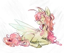 Size: 1075x882 | Tagged: safe, artist:lutraviolet, fluttershy, hybrid, insect, pony, g4, antennae, chest fluff, female, hybird, insect wings, lying down, mare, prone, solo, species swap, transparent wings, wings