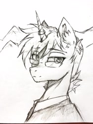 Size: 3024x4032 | Tagged: safe, artist:hysteriana, oc, oc:scroll notice, oc:svetomech, pony, unicorn, clothes, ear fluff, eyebrows, eyebrows visible through hair, gift art, glasses, horn, horn ring, kazakhstan, male, monochrome, mountain, ring, simple background, sketch, solo, stallion, sternocleidomastoid, white background