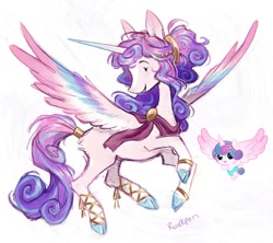 Size: 1063x946 | Tagged: safe, artist:lutraviolet, princess flurry heart, alicorn, pony, g4, baby, cape, clothes, female, hair accessory, hoof shoes, mare, older, older flurry heart, solo