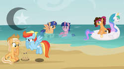 Size: 2746x1524 | Tagged: safe, artist:pastelnightyt, oc, oc:apple pie (pastelnightyt), oc:rainbow prism, oc:shooting star, oc:strawberry chocolate, oc:super nova, pony, beach, ocean, offspring, parent:applejack, parent:caramel, parent:cheese sandwich, parent:flash sentry, parent:flim, parent:pinkie pie, parent:twilight sparkle, parents:carajack, parents:cheesepie, parents:flashlight, swan boat, swanlestia, water