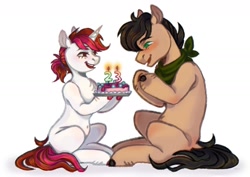 Size: 1754x1240 | Tagged: safe, artist:чертополох, oc, oc only, oc:kosh, oc:vetta, earth pony, pony, unicorn, cake, food, simple background, white background