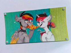 Size: 1892x1418 | Tagged: safe, artist:чертополох, oc, oc:vetta, pegasus, pony, unicorn, food, photo, pizza, traditional art