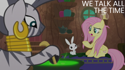 Size: 2000x1125 | Tagged: safe, edit, edited screencap, editor:quoterific, screencap, angel bunny, fluttershy, zecora, g4, she talks to angel, cauldron, messy hair, zecora's hut