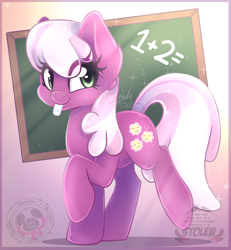 Size: 2290x2480 | Tagged: safe, artist:bloody-pink, cheerilee, earth pony, pony, g4, 2022, chalk, chalkboard, cheeribetes, cute, ear fluff, eye clipping through hair, female, high res, hooves, looking at you, mare, math, mouth hold, raised hoof, raised leg, shadow, smiling, smiling at you, solo, sparkles, tail, watermark