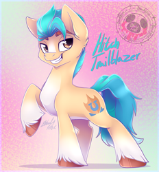 Size: 1895x2040 | Tagged: safe, artist:bloody-pink, hitch trailblazer, earth pony, pony, g5, blaze (coat marking), coat markings, colored eyebrows, eyebrows, facial markings, grin, looking at you, male, name, one leg raised, raised hoof, raised tail, signature, smiling, smiling at you, socks (coat markings), solo, stallion, standing, tail, text, unshorn fetlocks